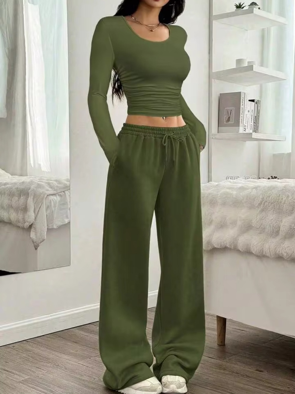 Olive Wide-Leg Lounge Pants - Women's Drawstring Trousers matching set Small New